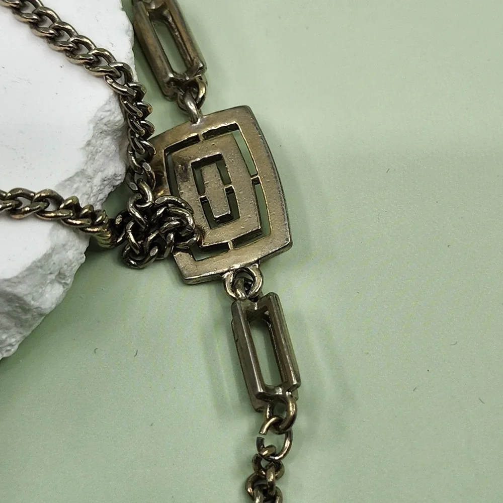 Gold Tone Extra Long Chain Necklace Geometric Greek Key Links Vintage Statement